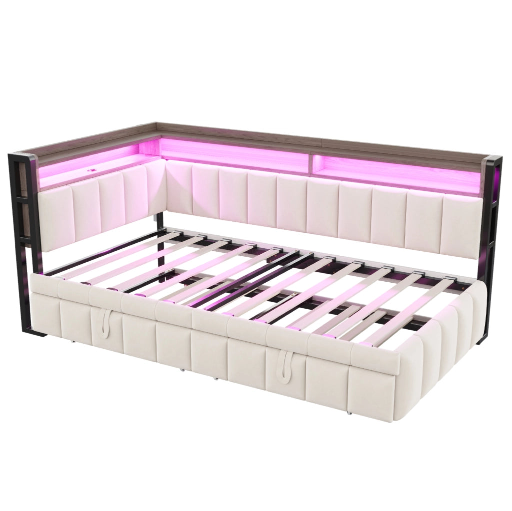 Divano letto estraibile 90x200 cm con LED, USB e USB-C in velluto beige