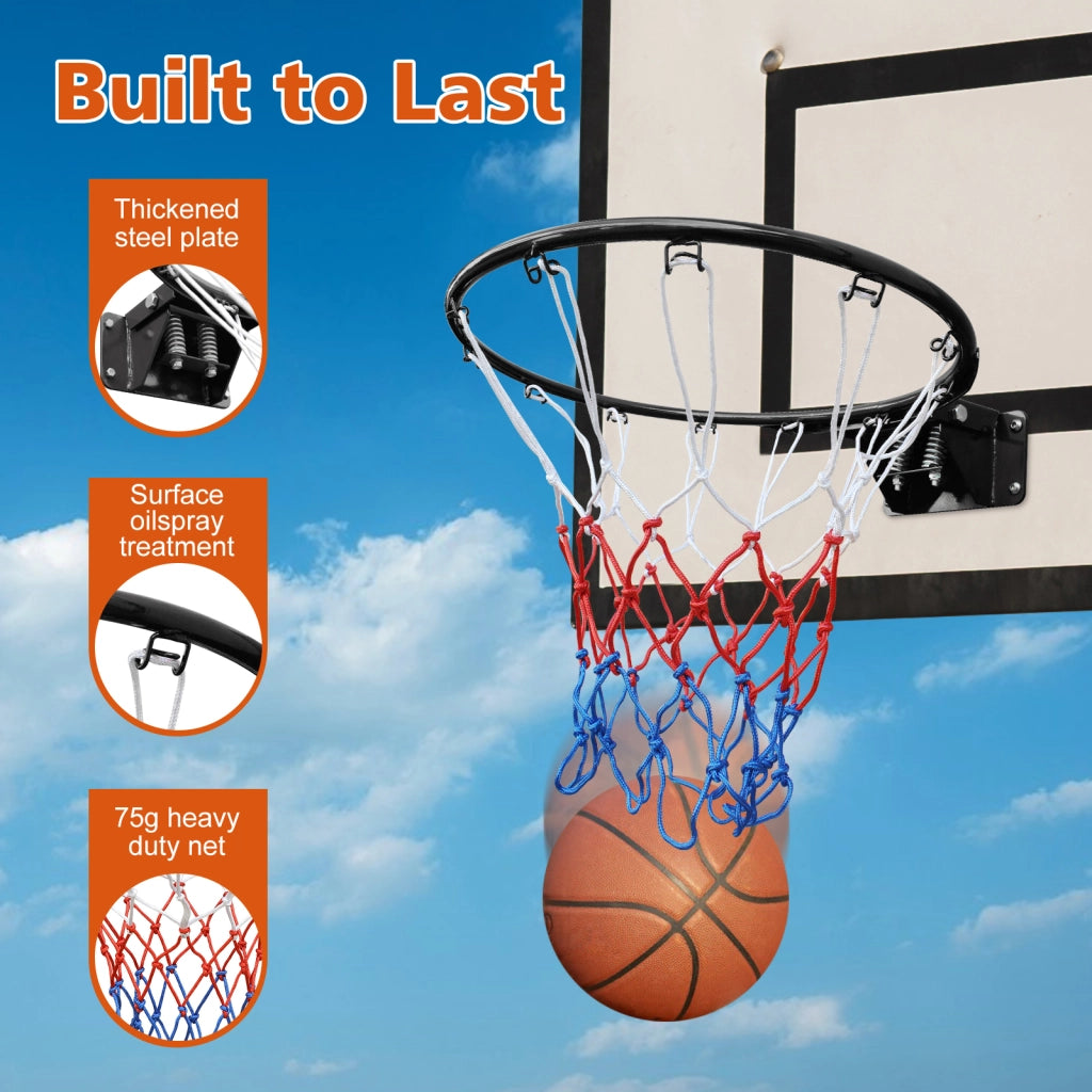 Canestro da Basket in Acciaio Nero 45,72 cm con Doppia Molla e Rete, per Installazione a Parete o a Terra, Uso Interno ed Esterno