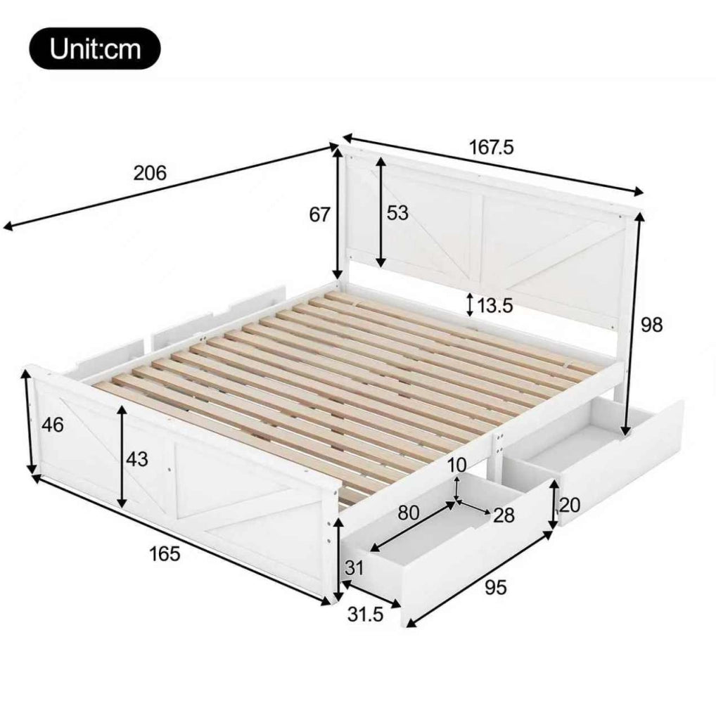Letto in pino bianco 160x200 cm con testiera e 4 cassetti