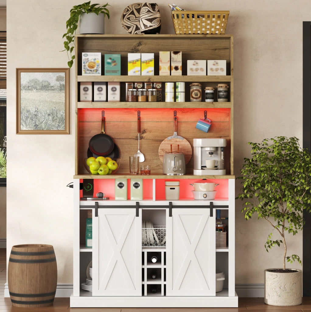 Mobiletto alto da cucina YEAVIO con illuminazione LED RGB, prese integrate, appendini, porta vini e vetrina, 191 cm, MDF