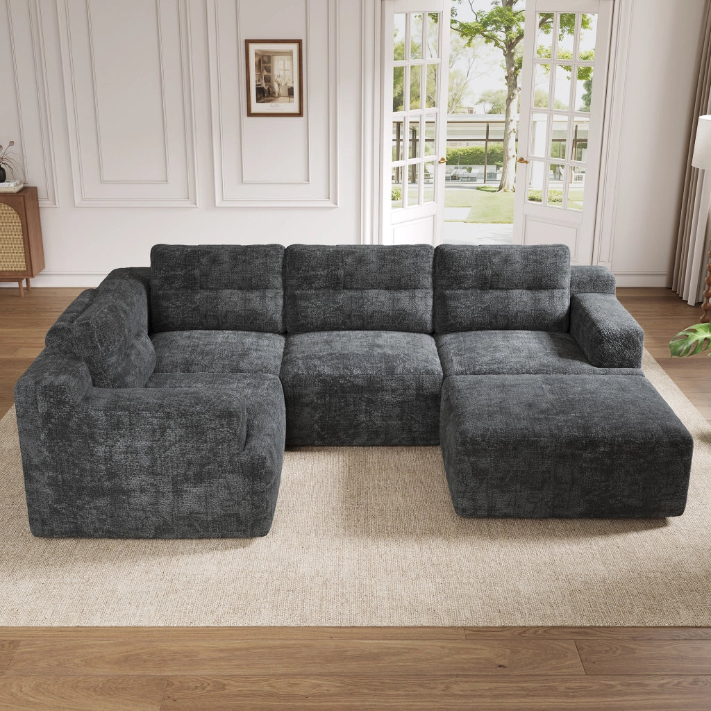 Divano modulare 5 posti 252x180 cm con pouf senza telaio in ciniglia grigio
