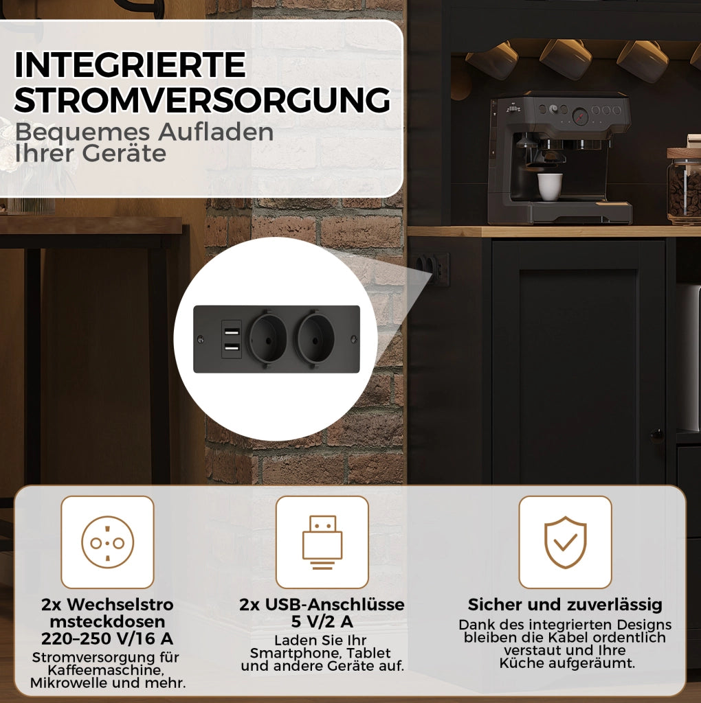ARMADIO da Cucina con LED, Prese e USB 100x40x163 cm Nero