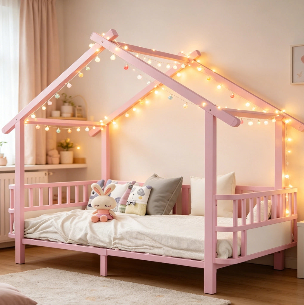 Letto per bambini in metallo rosa a casetta 90 x 200 cm con sponde di sicurezza