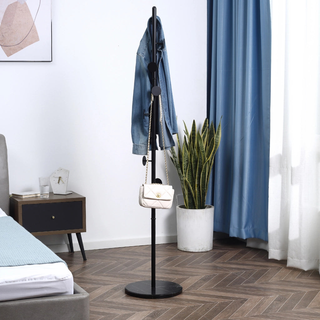 EasyComfort Appendiabiti da Terra con 8 Ganci, Struttura in Acciaio con Base in Marmo, 35x35x170cm, Nero