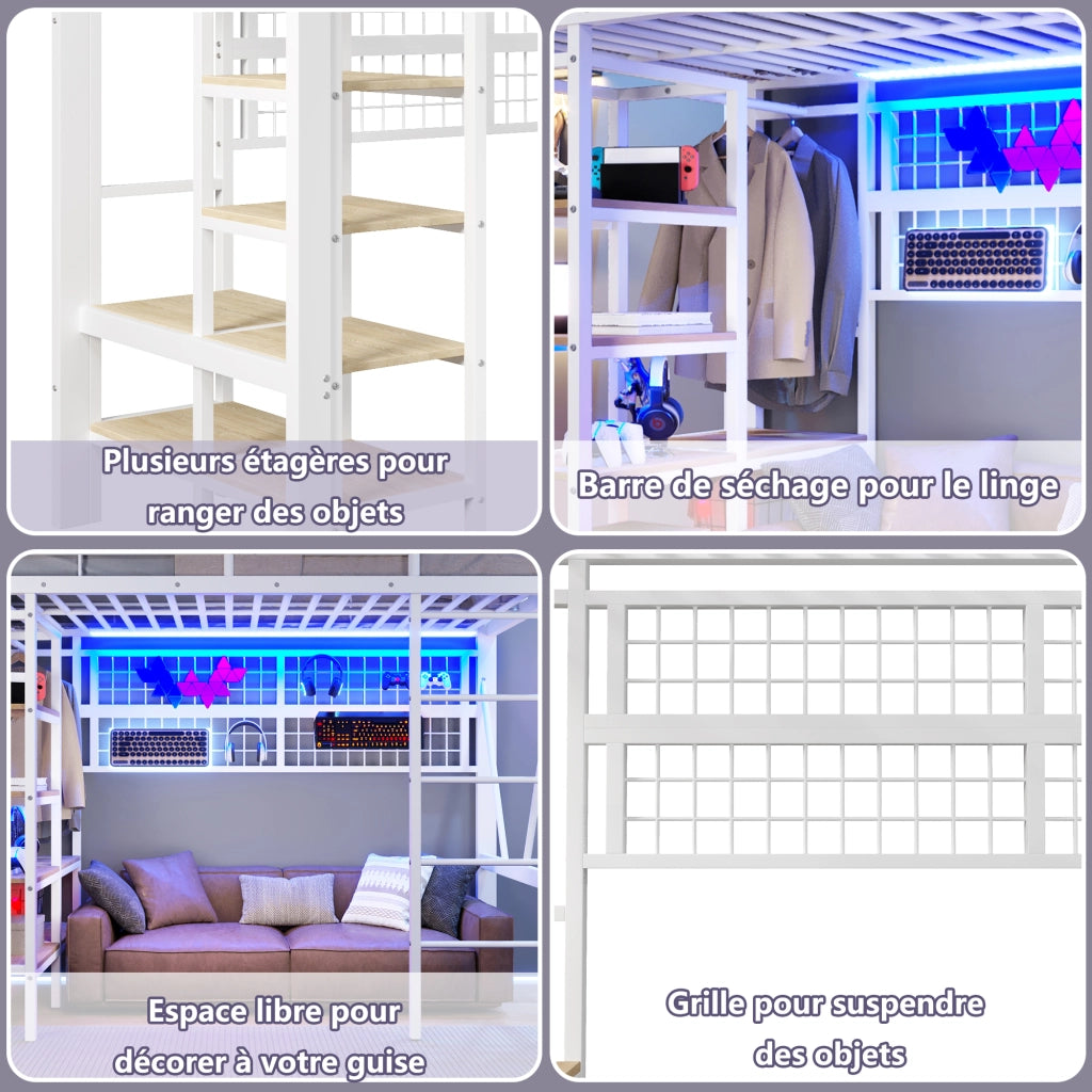Letto a soppalco 90 × 200 cm 1 posto con LED regolabile, mensola e rete appendiabiti, senza materasso, bianco