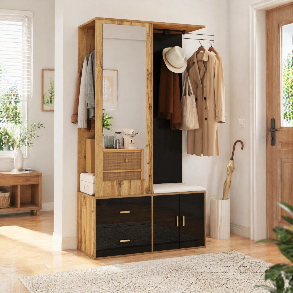 Mobile guardaroba con specchio e panca; 100 ¡Á 38 ¡Á 180 cm; nero e naturale