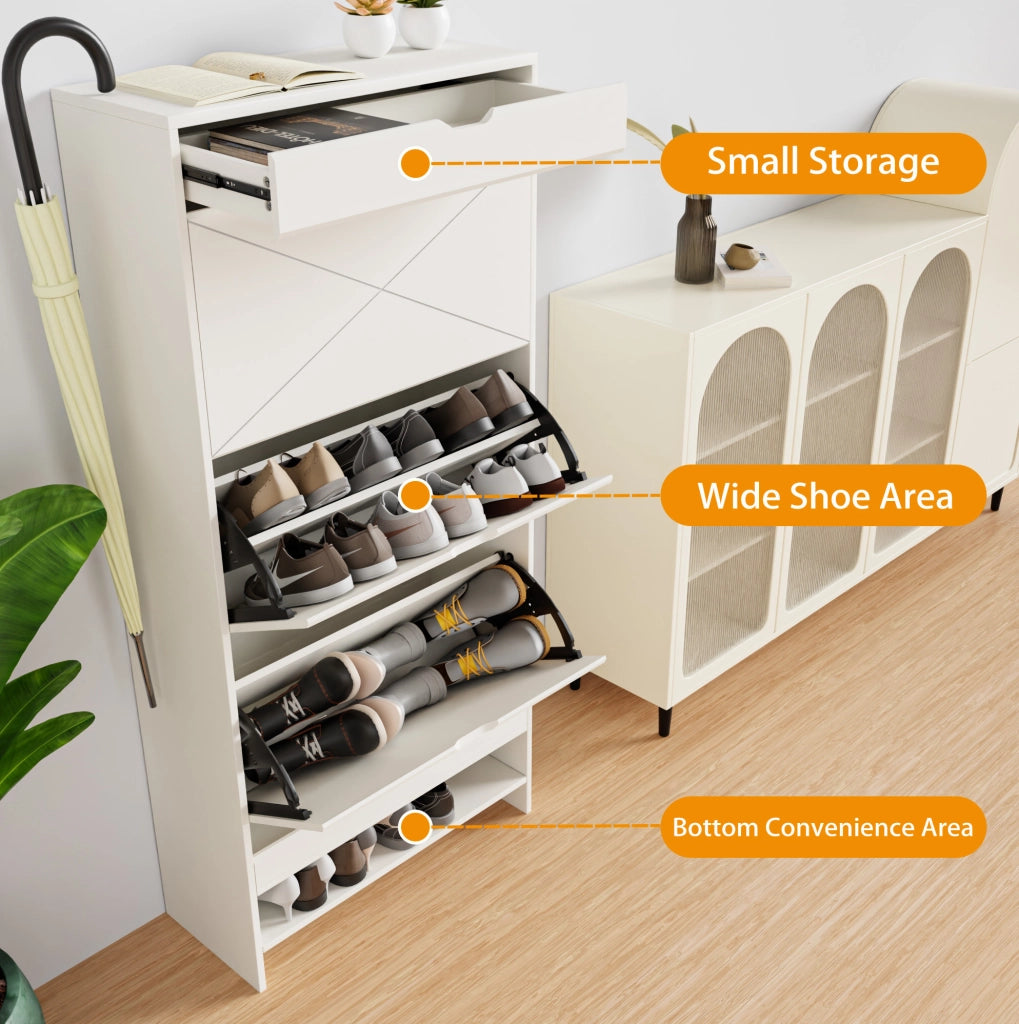 Scarpiera in MDF con 3 cassetti e 2 ripiani estraibili, colore bianco