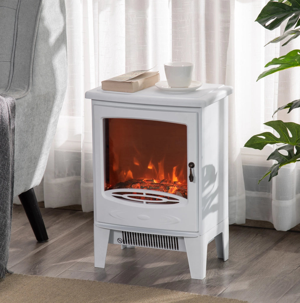 Caminetto elettrico LED bianco con effetto fiamma, 900/1800W, 39x26x54,8 cm, per ambienti accoglienti