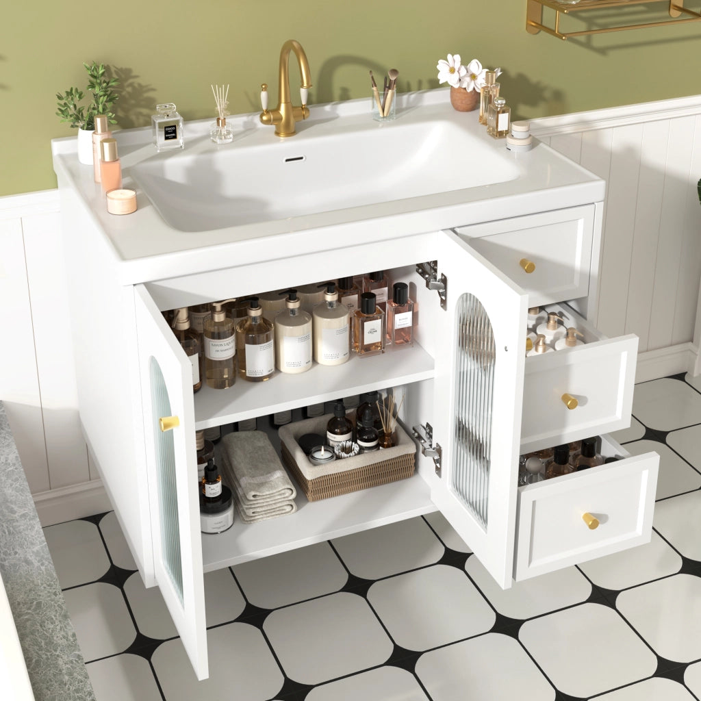 Mobiletto con lavabo sospeso in MDF bianco con 2 cassetti anta in vetro ondulato e ripiani regolabili