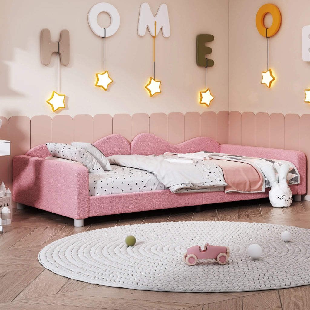 Letto per bambini imbottito rosa con schienale e braccioli struttura a doghe in legno portata 120 kg