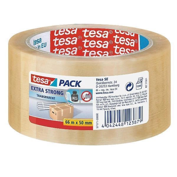 Tesa 57171-00000-03 Tesapack Nastro adesivo imballaggio extra forte in PVC 66 m x 50 mm silenzioso trasparente colore Trasparente