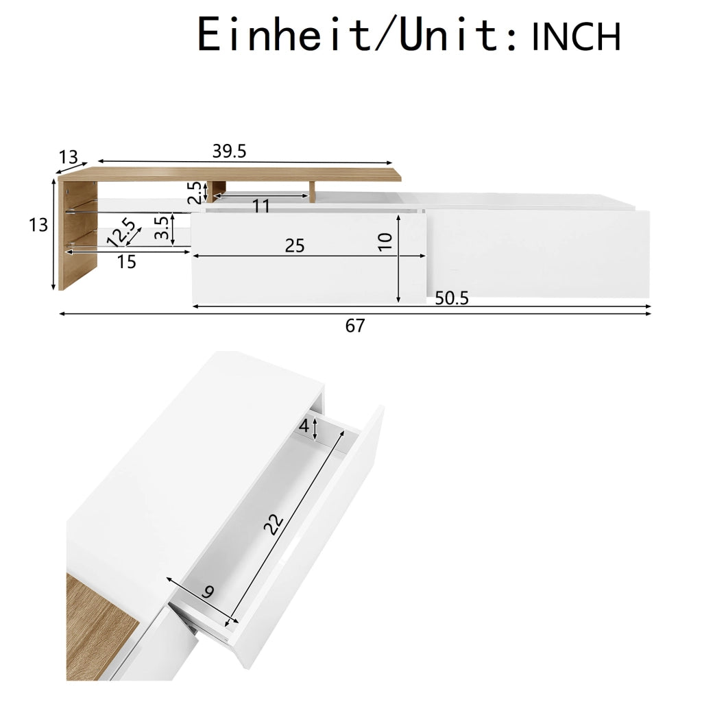 Mobile TV moderno 170 cm bianco e naturale con ripiani in vetro e LED a 16 colori