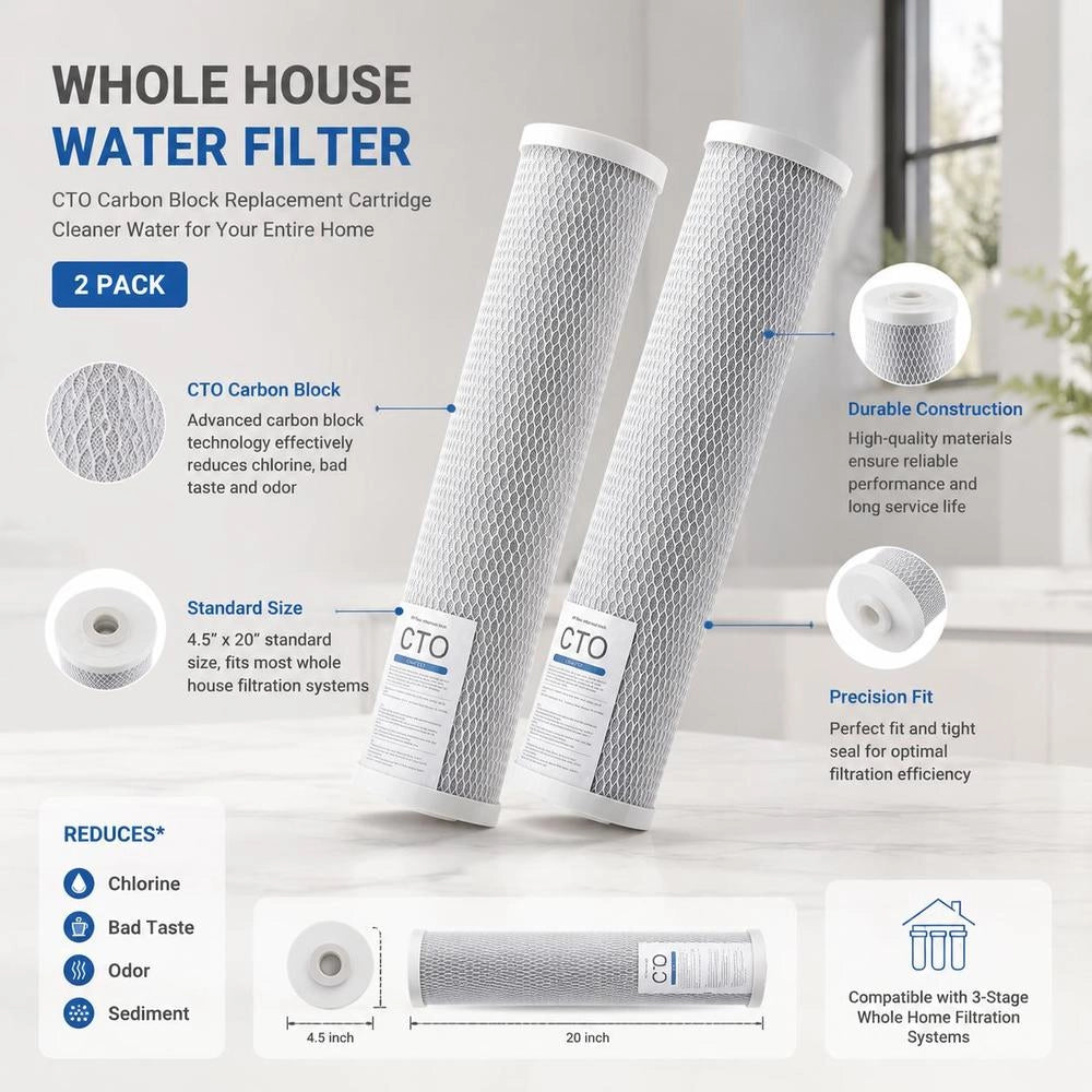 2 Replacement Cartridges For Whole House Water Filter, 115 X 507 Mm CTO Carbon Block, Replacement Filter For 3-stage Water Filtration System, Reduces Chlorine, Bad Taste, And Odor.