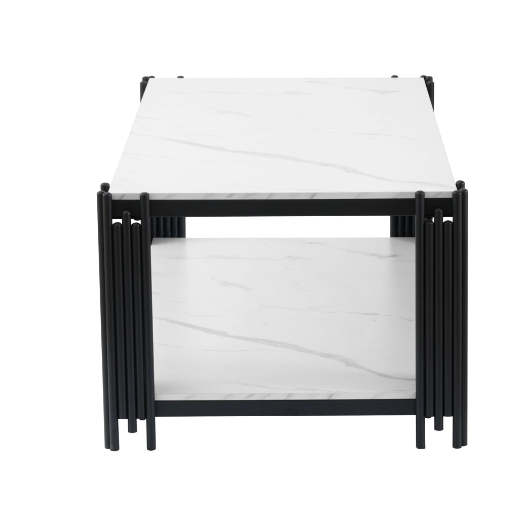 Tavolino da salotto rettangolare con 2 ripiani in MDF e metallo bianco e nero