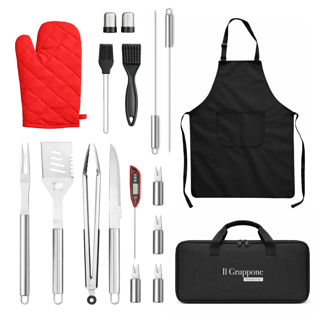 Set BBQ Professionale con Termometro Carne – Accessori Barbecue in Acciaio Inox 430 Alimentare con Pinza, Spatola, Forchettone, Coltello, Grembiule Kit 7 o 17 Pezzi Kit 17 Pezzi