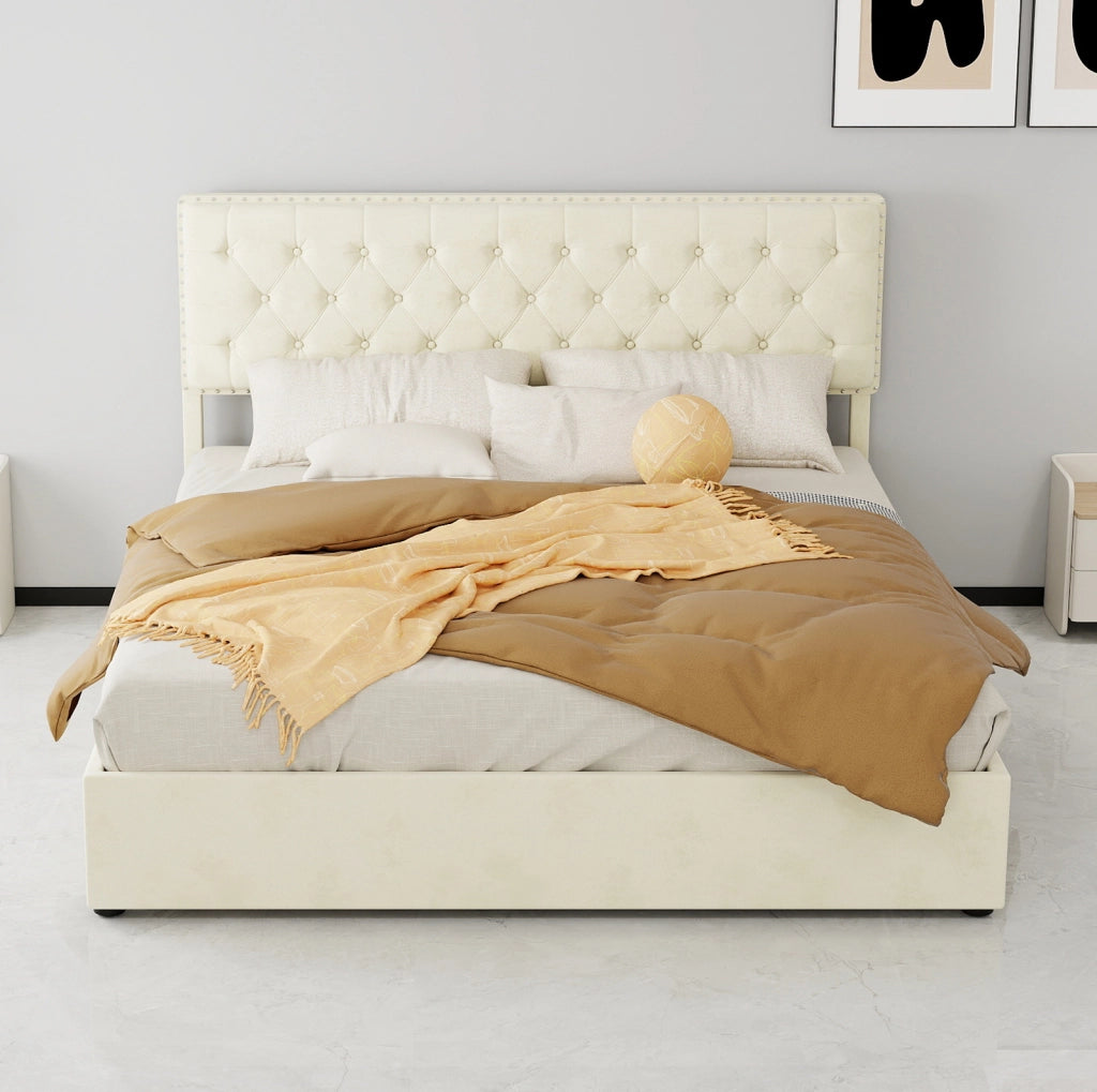 Letto moderno minimalista beige 160x200 cm con contenitore e materasso incluso