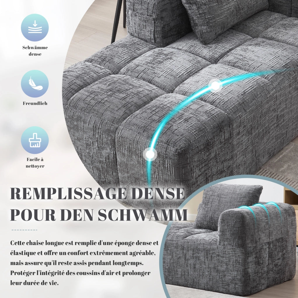 Divano Chaise Longue Grigio con Tessuto Morbido, Cuscino Incluso e Tasche Laterali per Telecomando e Smartphone