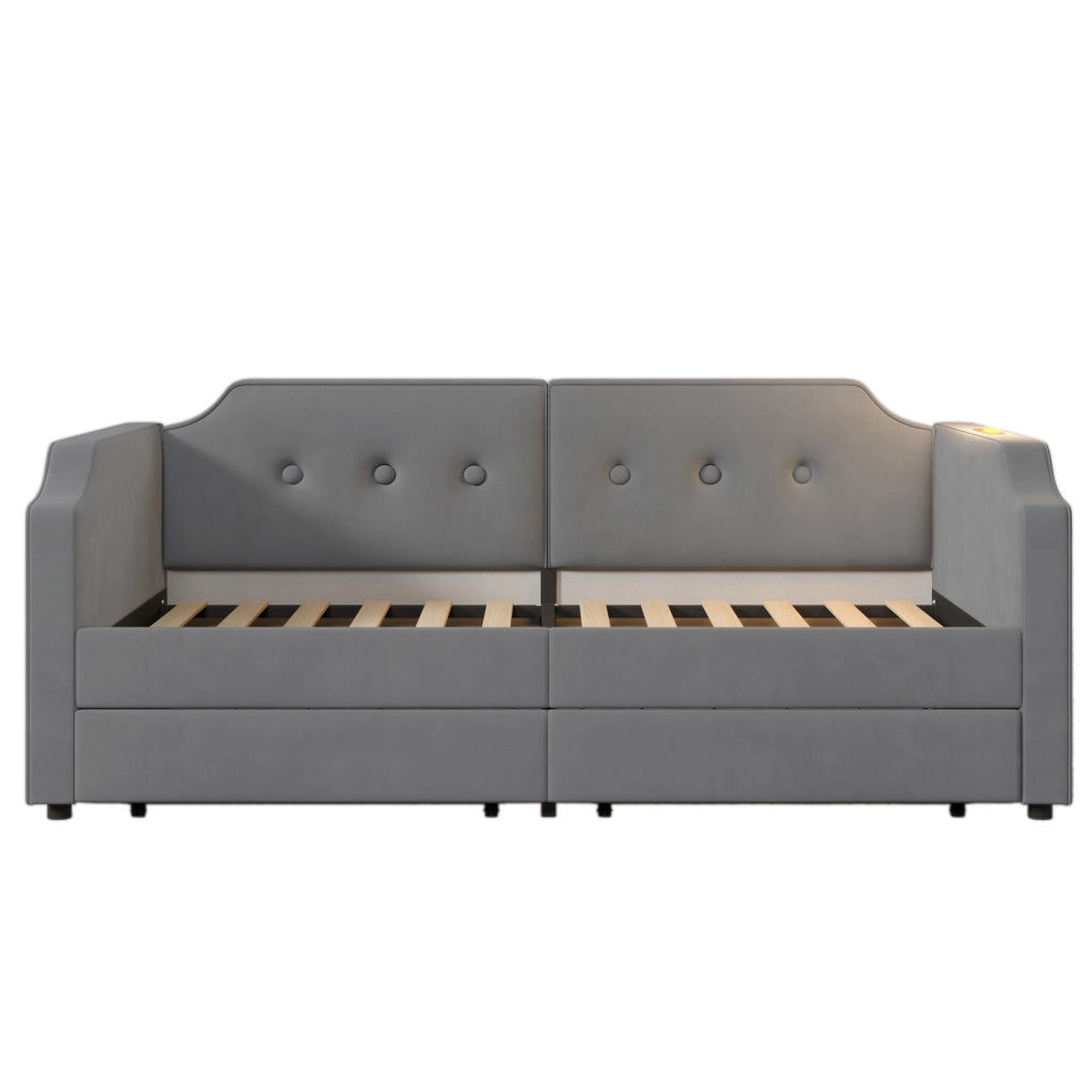 Letto Imbottito Singolo con Cassetti ¨C MINIMAL ¨C Velluto Grigio, Rete a Doghe, 90x200