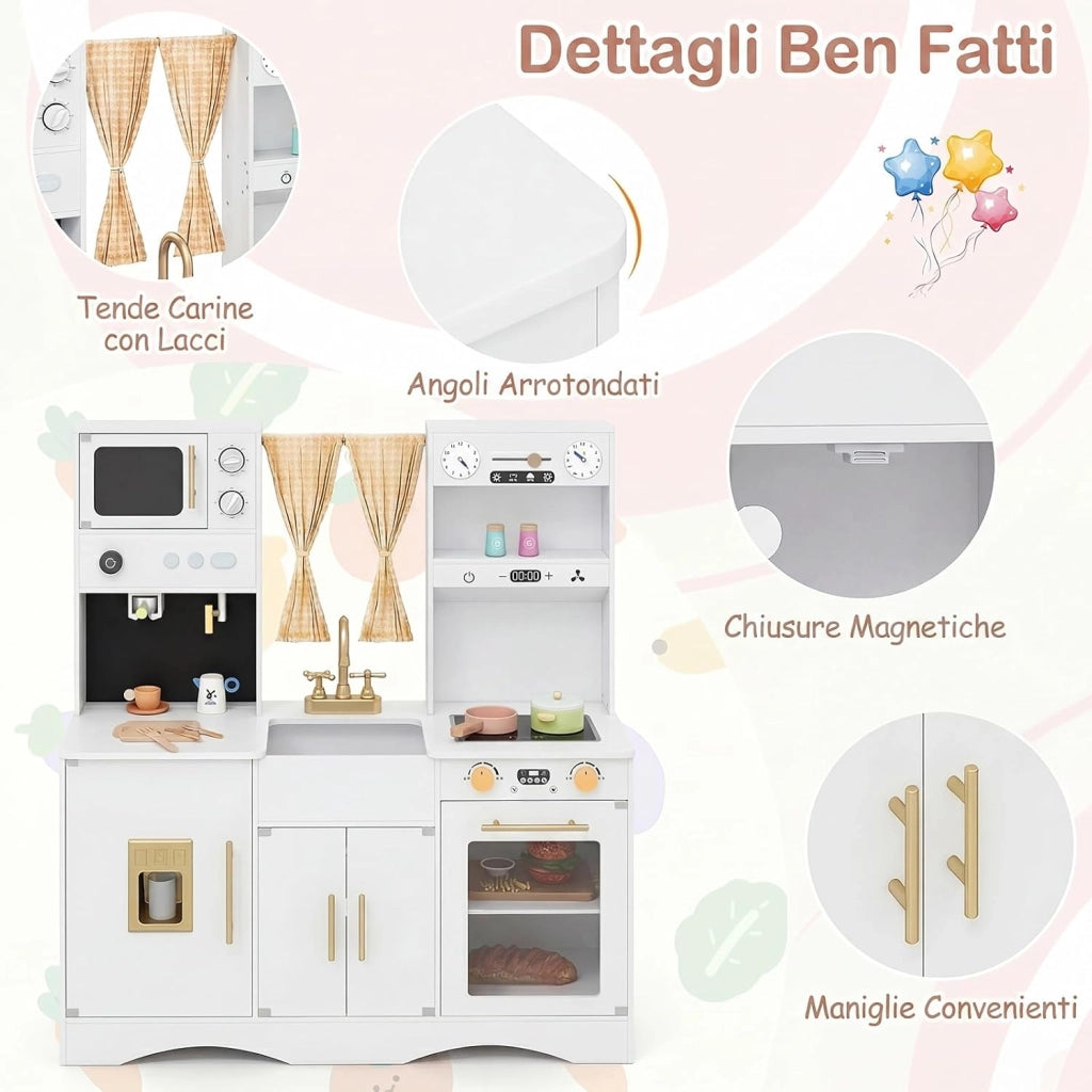 Set da Cucina per Bambini, in Legno, per Bambini 3+ Anni (Bianco)
Cucina Giocattolo con Microonde, Macchina del Caffè, Cucinetta Giocattolo con Tende, 102 x 35 x 110 cm