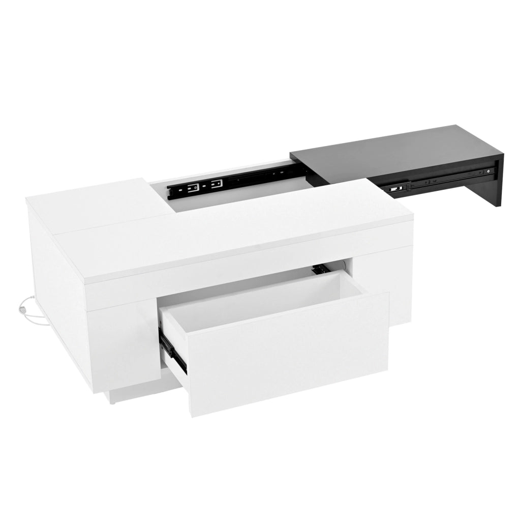 Tavolino da caffè moderno con LED RGB; piano estraibile e cassetto; 80 x 50 x 35;5 cm; bianco e nero