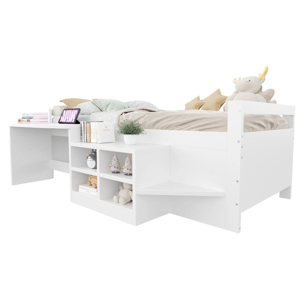 Letto per bambini in legno 90 x 200 cm con scomparti e scrivania con prese standard europeo, letto singolo - Bianco