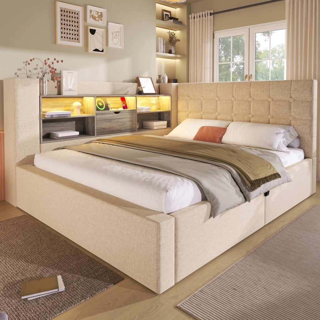 Letto matrimoniale 140 × 200 cm con contenitore idraulico; LED e 4 porte USB; senza materasso; beige