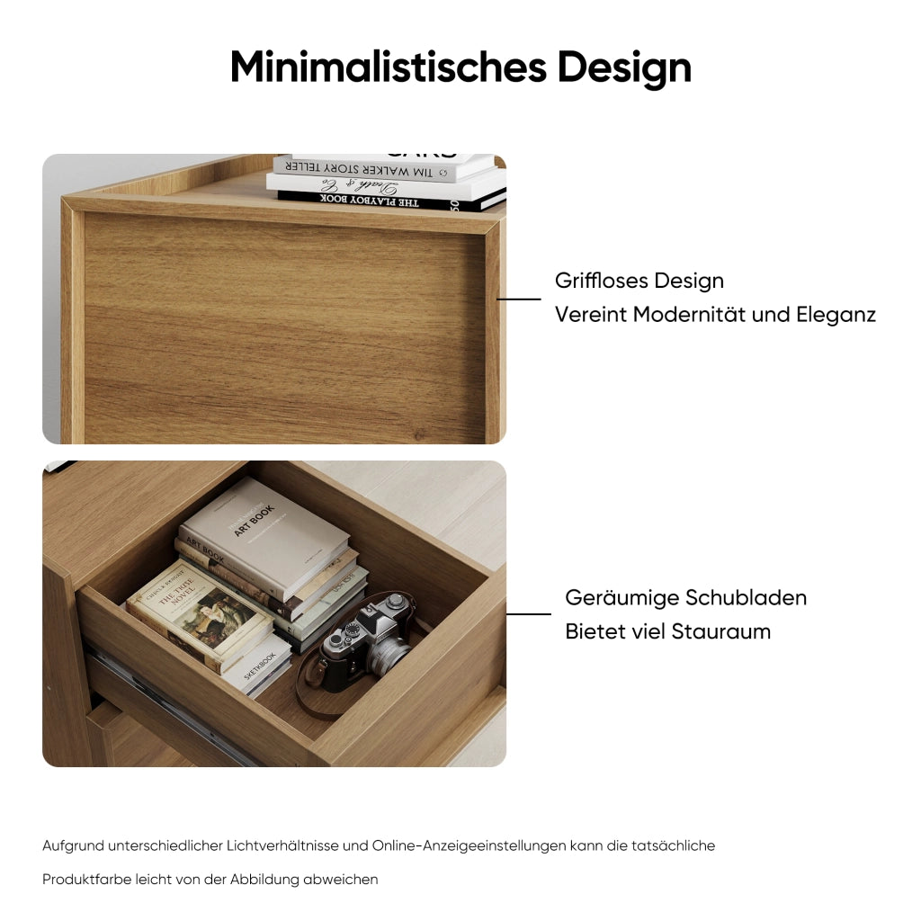 Comodino con 2 cassetti senza maniglie, stile minimalista, per camera da letto, in MDF e truciolare, rovere, 38 × 48 × 55 cm