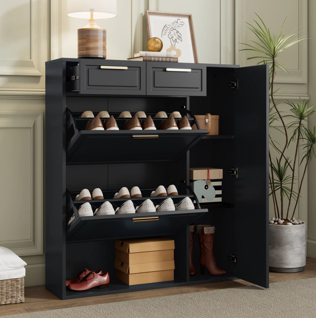 Scarpiera 95x24x107 cm nera con cassetti; ripiani regolabili e vani aperti HOMVRA