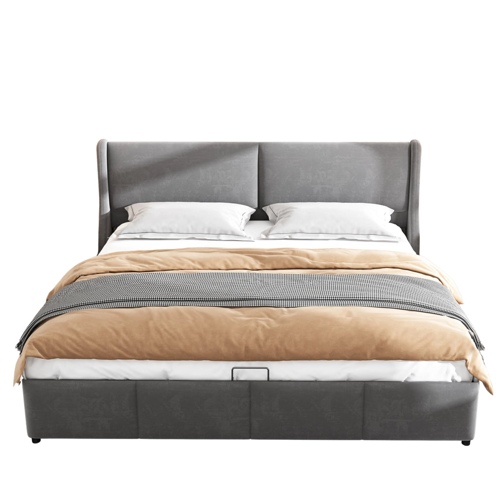 Letto contenitore matrimoniale 160x200 in velluto grigio con testiera imbottita