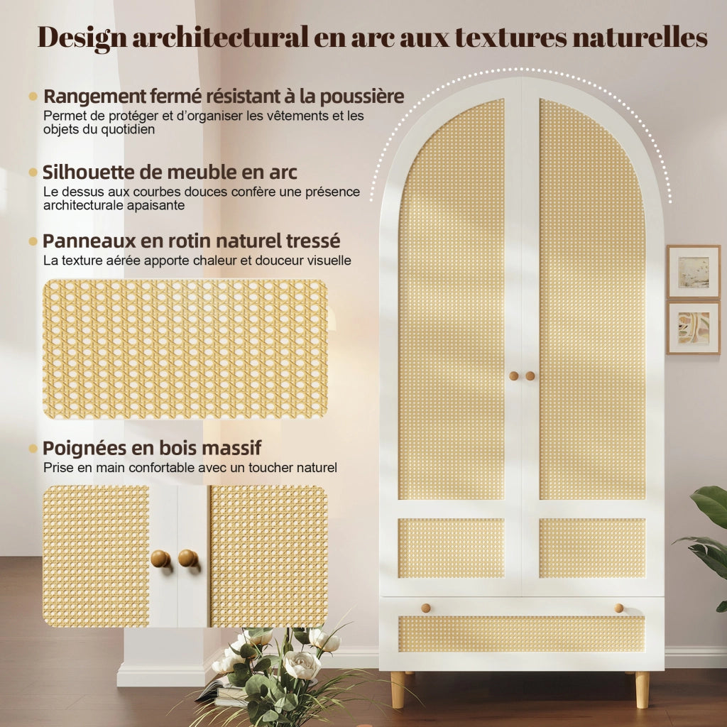 Armadio con asta appendiabiti; cassetto e chiusura soft close; MDF bianco e rattan 80 × 50 × 180 cm
