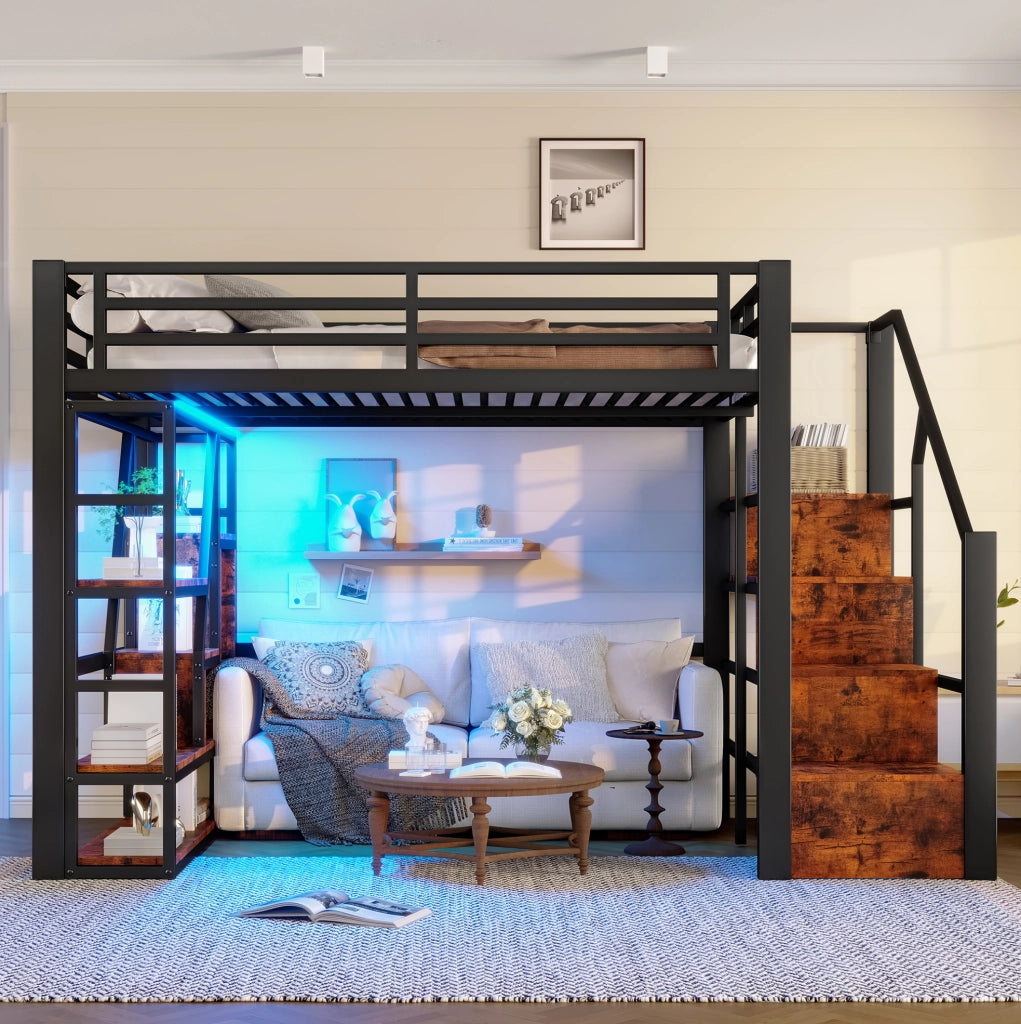 Letto a soppalco 140x200 cm con LED; scala con contenitore e ripiani in metallo e MDF; nero