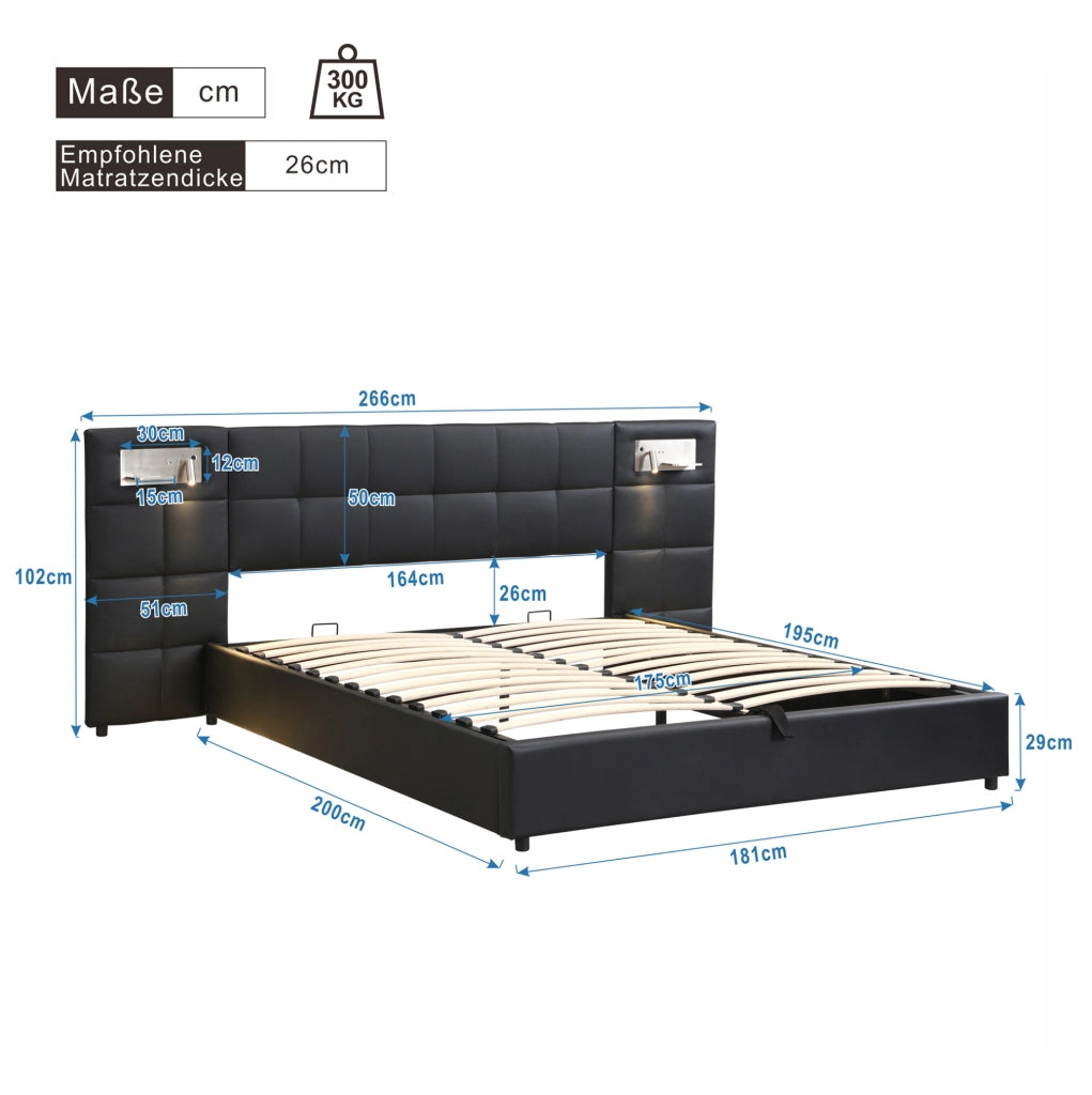 Letto imbottito 180x200 cm con contenitore idraulico, USB e ricarica wireless in PU nero
