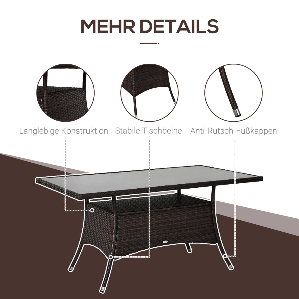 Tavolo da giardino da pranzo in polyrattan e vetro temperato marrone e nero robusto per esterno 150x85x74cm