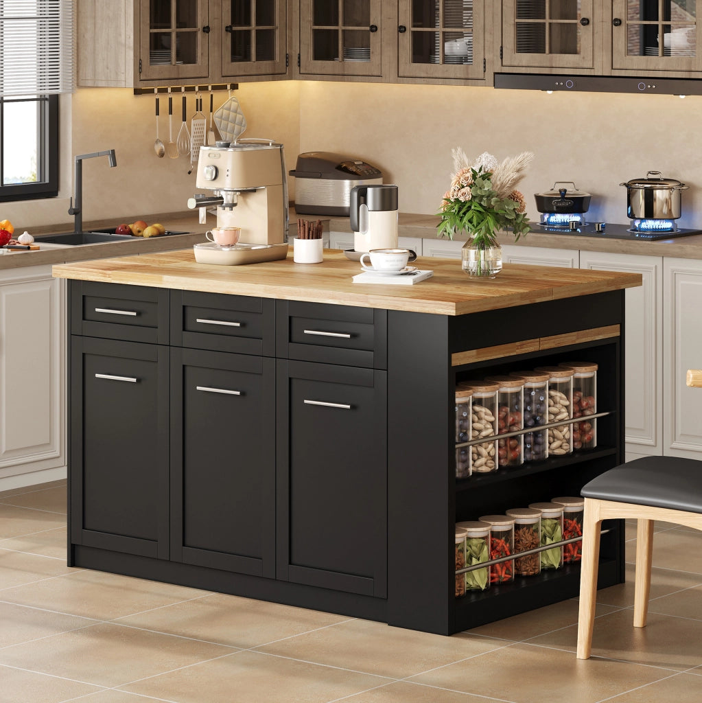 Isola da cucina 150x90x90 cm con tavolo estraibile 80x96 cm; MDF naturale e nero