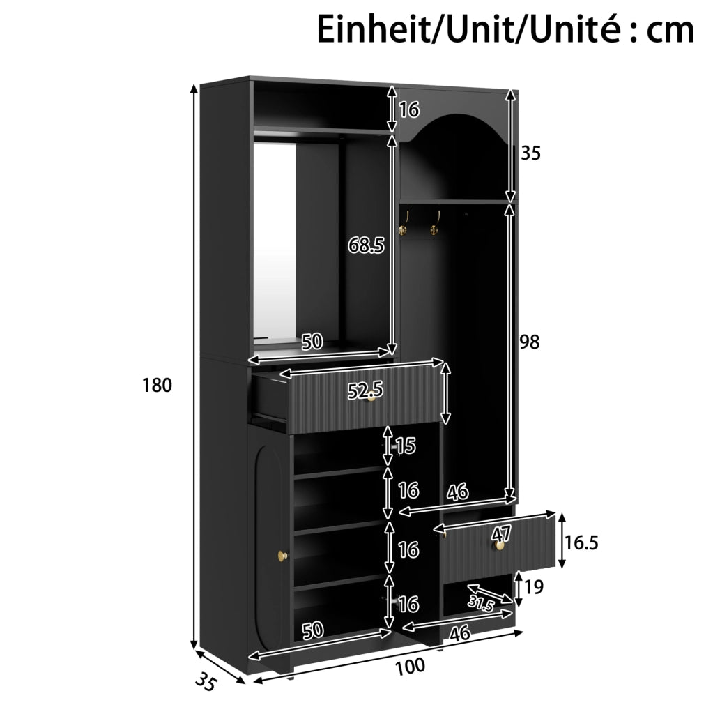Garderoba compatta con specchio, panca, appendiabiti e luci LED regolabili, MDF nero 100x35x180 cm