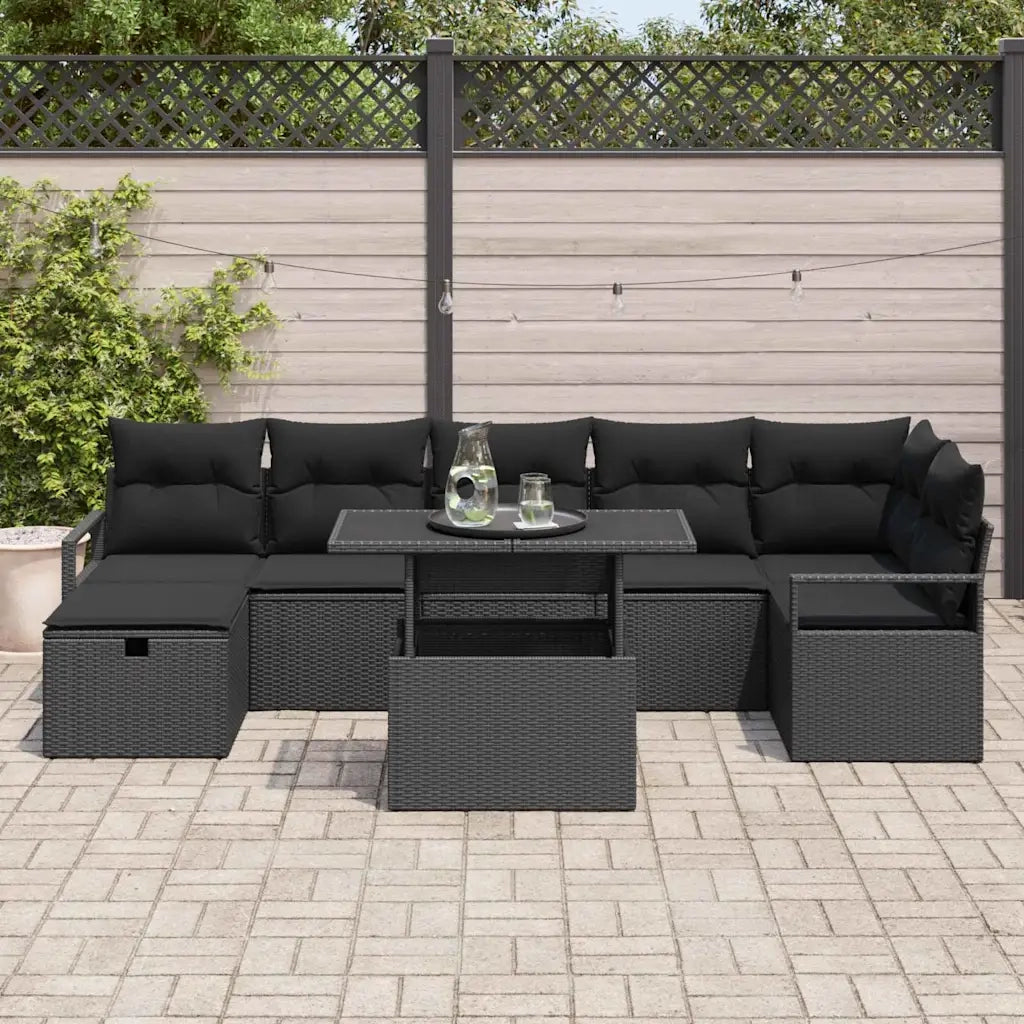 Set Divano da Giardino con cuscino 8 pcs Nero Poly Rattan