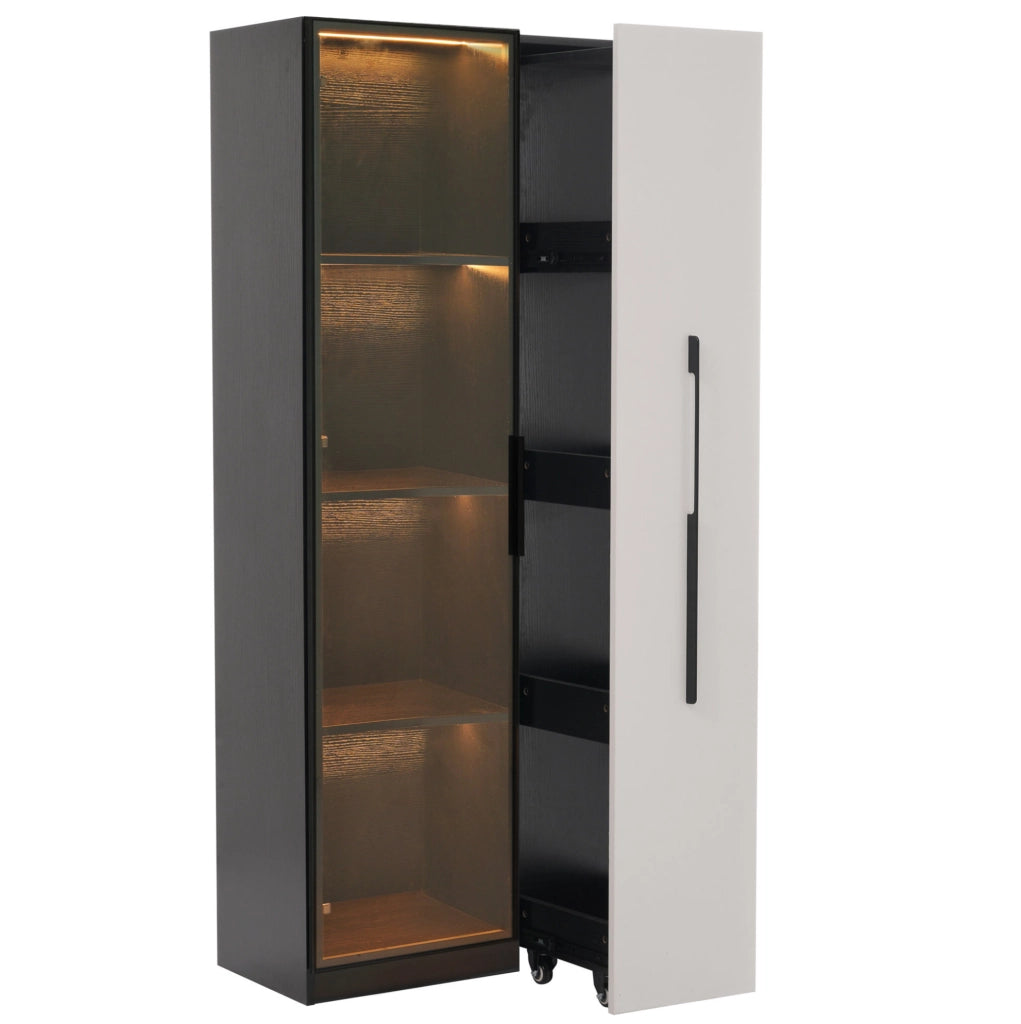 Vetrina 70x40x160 cm con LED e vano estraibile laterale in MDF nero e bianco