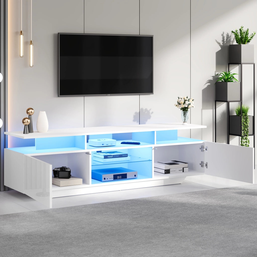 Mobile TV 160 x 40 x 45 cm con LED; 8 ripiani; MDF bianco
