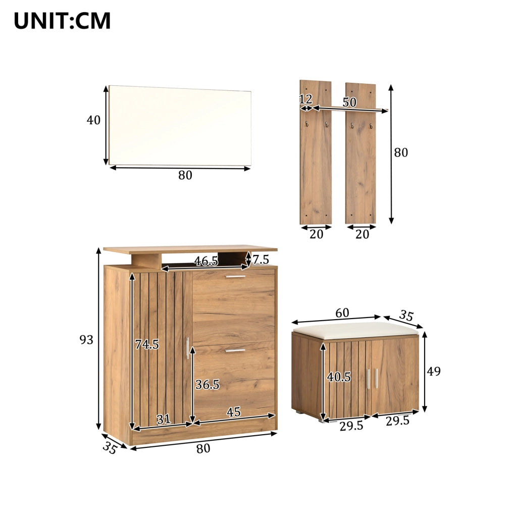 Set guardaroba per ingresso con panca porta scarpe, specchio, 5 ante, 4 ganci, finitura naturale, 140x35x133 cm