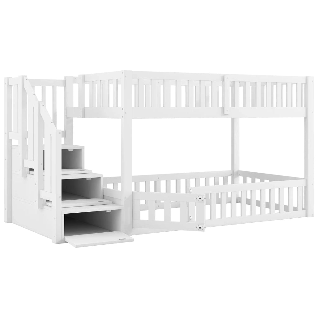Letto a castello 90x200 cm, bianco, con scala dotata di spazio contenitore