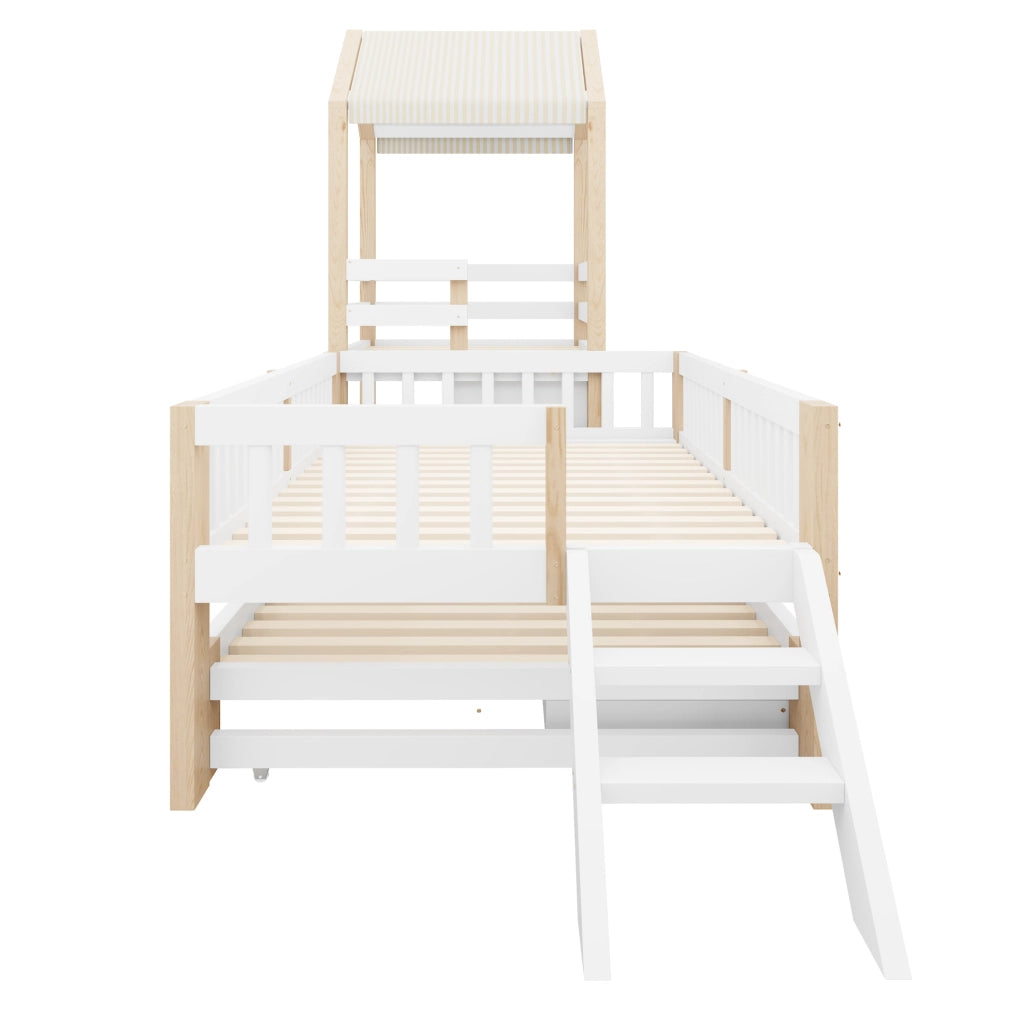 Letto a Castello per Bambini 90x200 cm con Letto Estraibile 90x190 cm, Struttura in Legno Massello e Tetto in Tessuto, Bianco e Legno Naturale