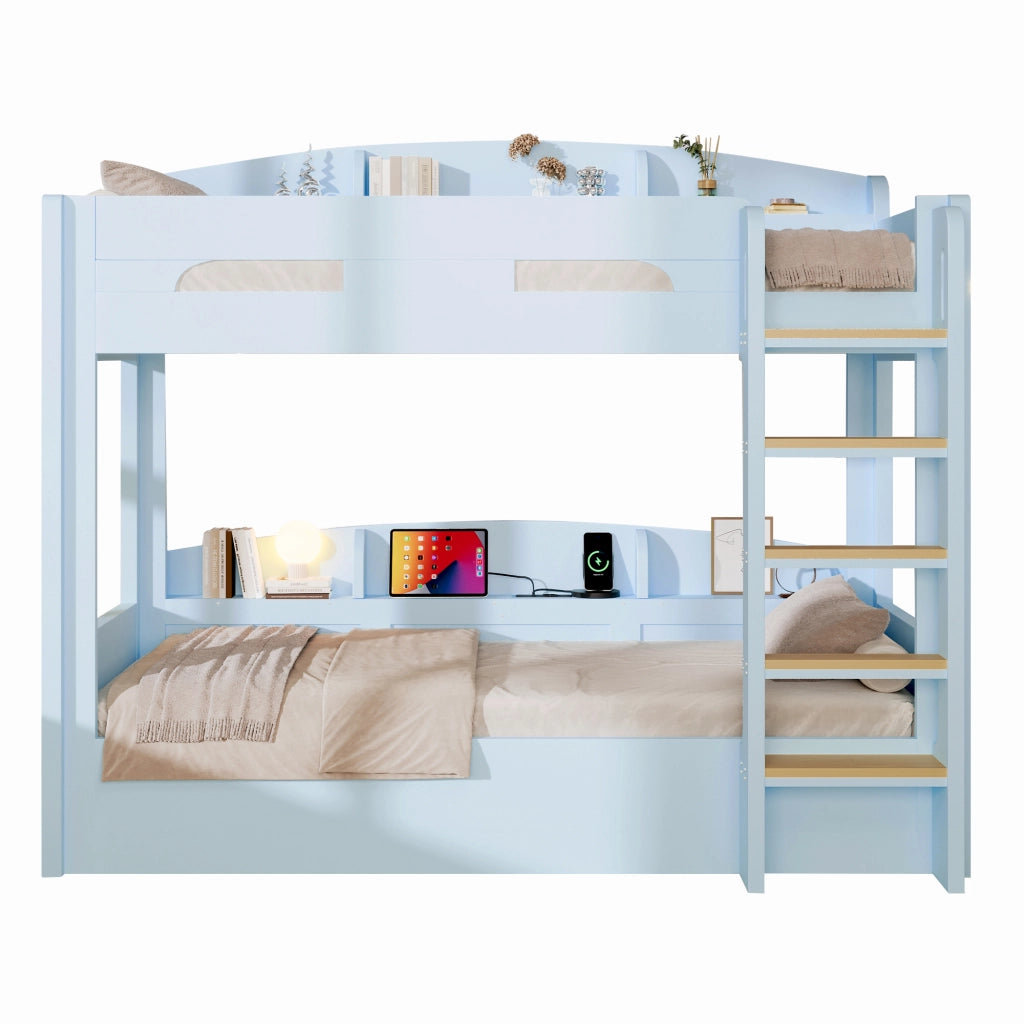 Letto a castello due posti 90 × 200 cm con presa USB e ripiani laterali in legno e MDF blu
