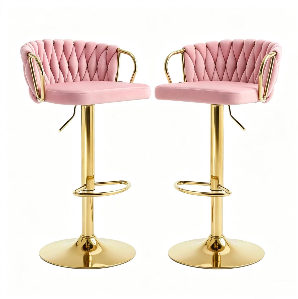 Set di 2 Sgabelli da Bar in Velluto Rosa con Struttura in Metallo, Altezza Regolabile 77-98 cm