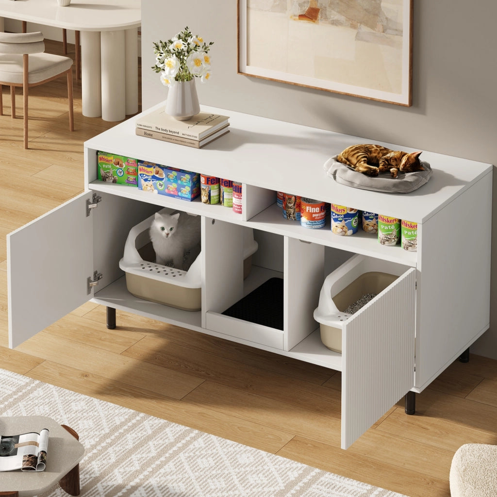 Mobile per lettiera per gatti con anta doppia, ripiani e tappetino raccogli-sabbia, 120x50x66 cm, bianco