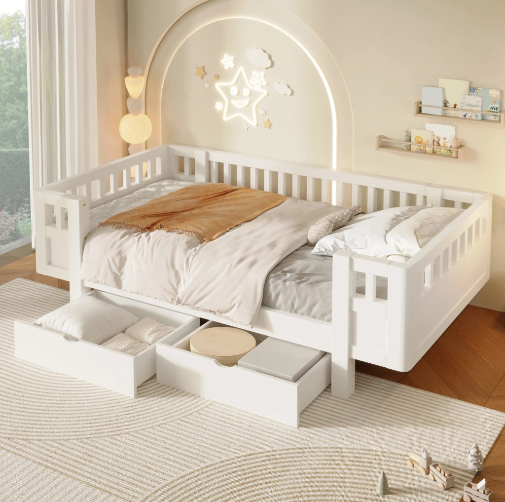 Letto a piattaforma 90x200 cm con sponde alte e due ampi cassetti, bianco