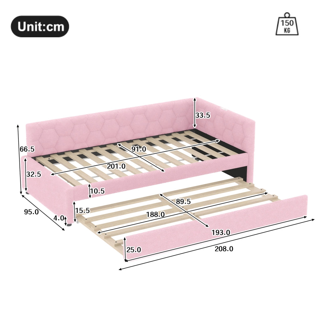 Letto singolo estraibile 90×200 cm con USB; Type-C; lampada; rete; senza materasso; tessuto non tessuto e MDF; rosa