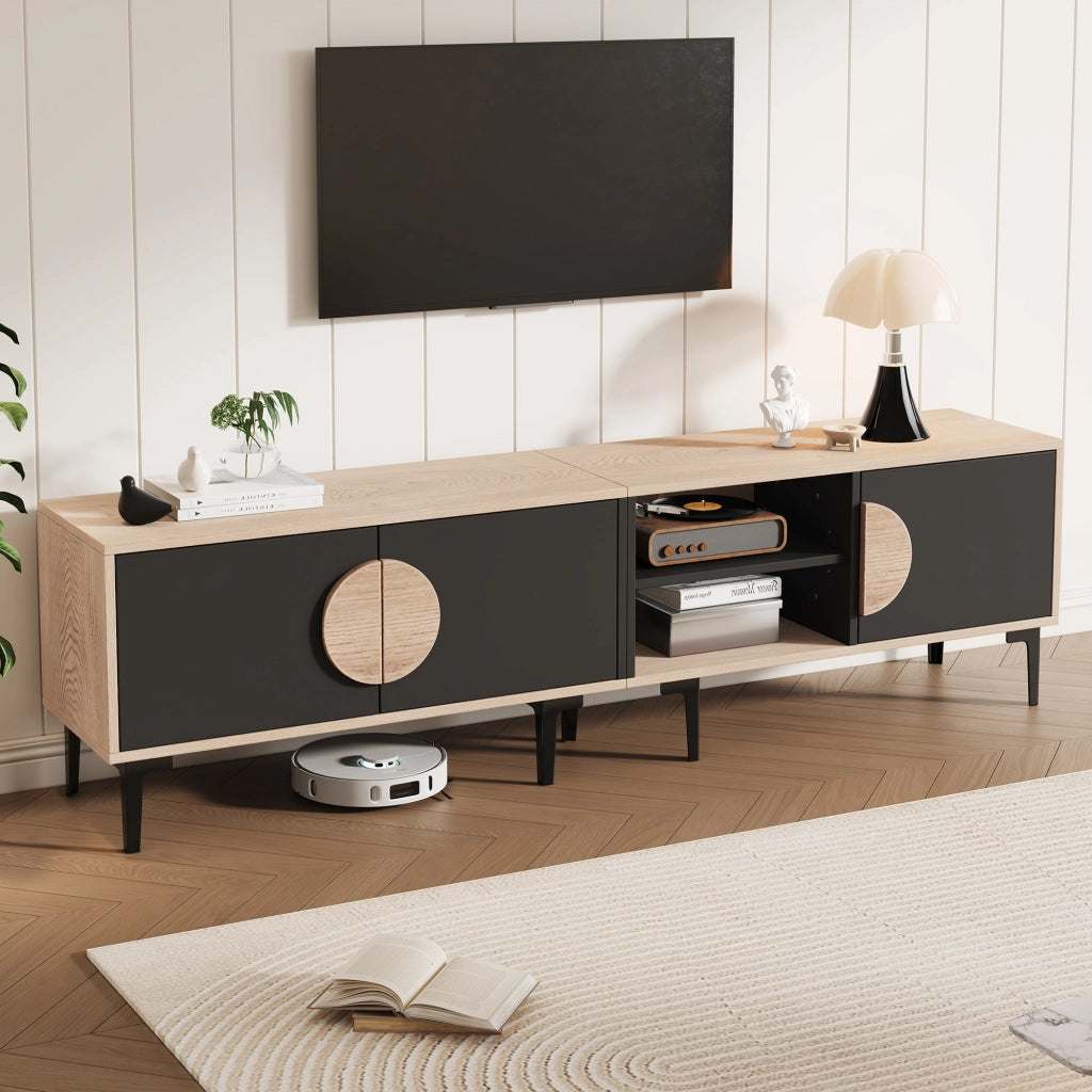 Mobile TV 180x35x49 cm con 3 ante e vani aperti; rovere e nero per TV fino a 80 pollici