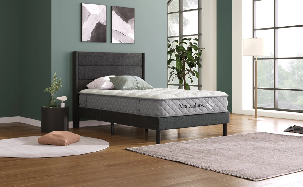 Letto singolo imbottito 90 × 200 cm con rete a doghe e materasso a molle insacchettate lino grigio scuro