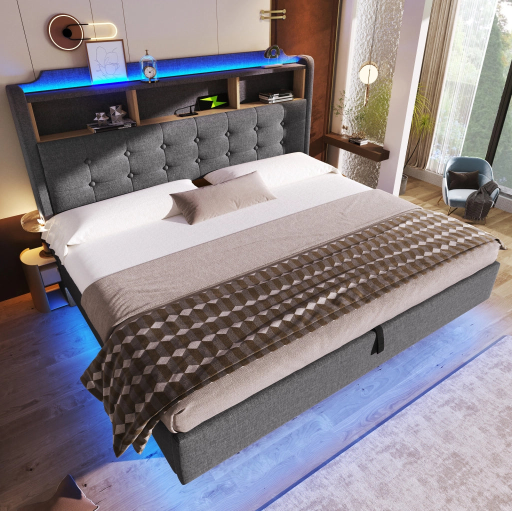 Letto imbottito 180x200 cm con contenitore idraulico, LED, USB e USB-C in lino grigio