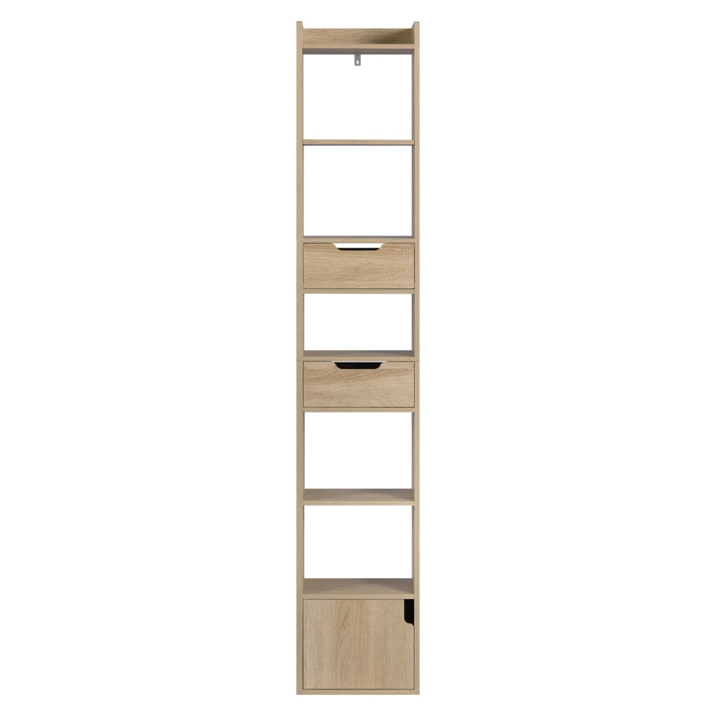 Libreria 33x24x181 cm con 6 ripiani; 2 cassetti e anta in legno rovere chiaro